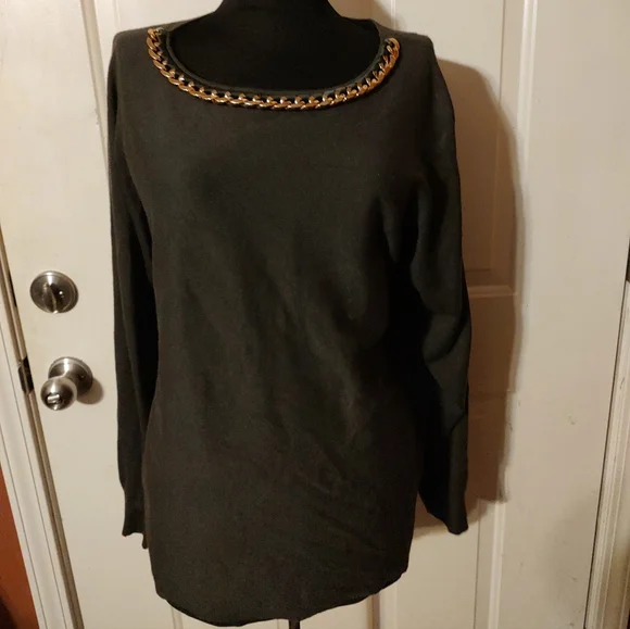 🔸🌿🔸NWOT Stellar Adrienne Vittadini Dark Olive & Gold Batwing Top Blouse - L - Picture 1 of 16